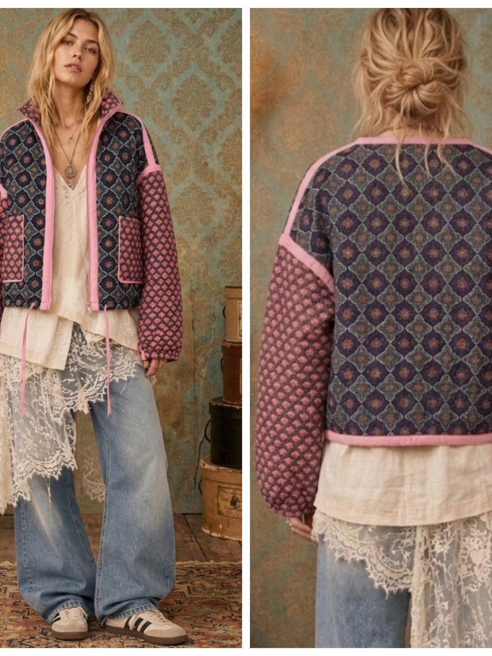 Quilted Patterned Bomber Jacket - Pink & Green